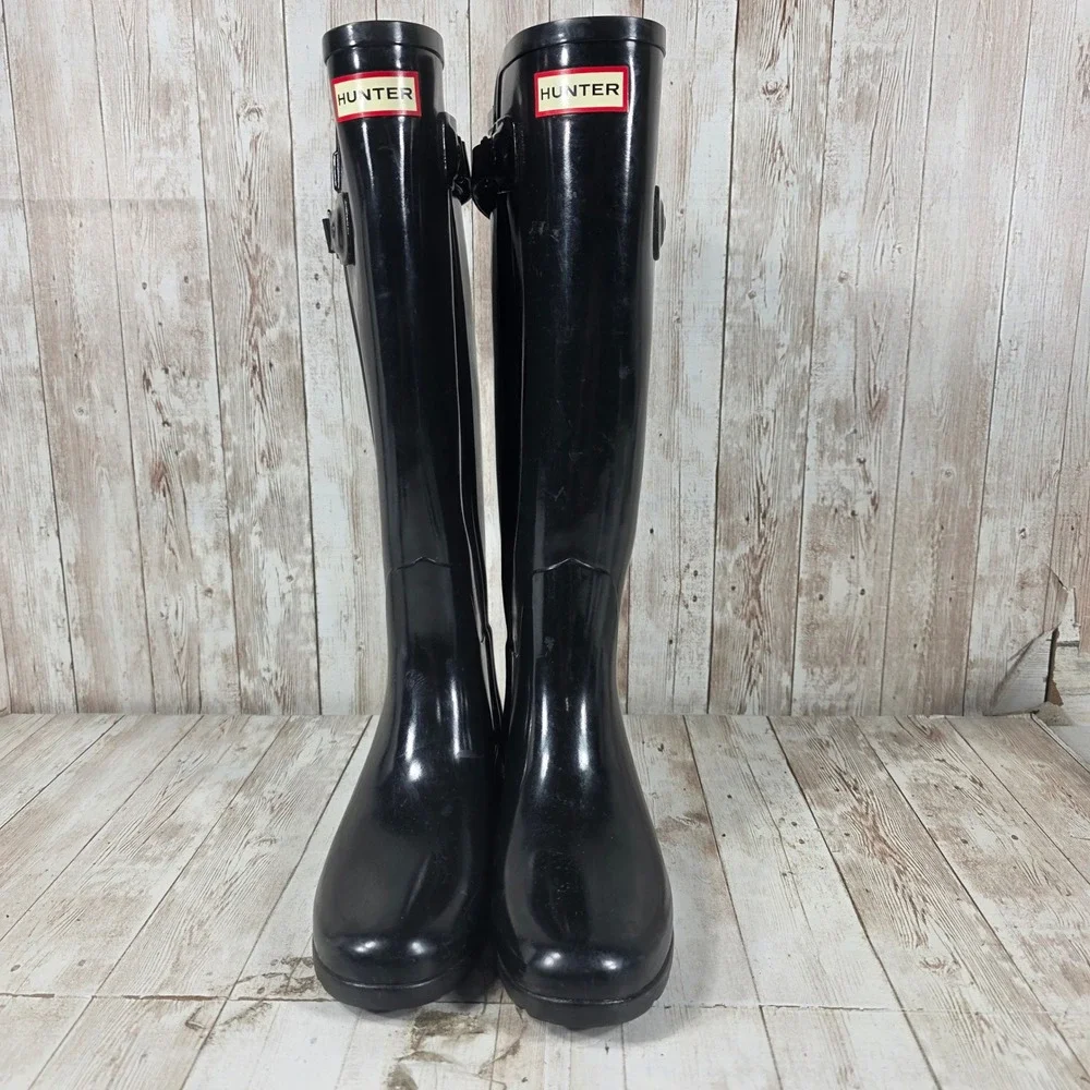 Hunter Original Refined Tall Rain Boots Black Glossy Waterproof Womens US 5